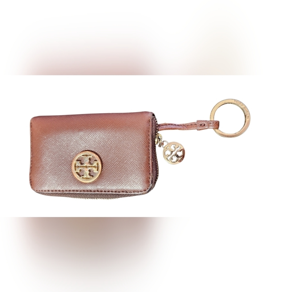 Tory Burch Brown Saffiano Leather Zip Coin Purse Wallet Key Ring Logo Compact